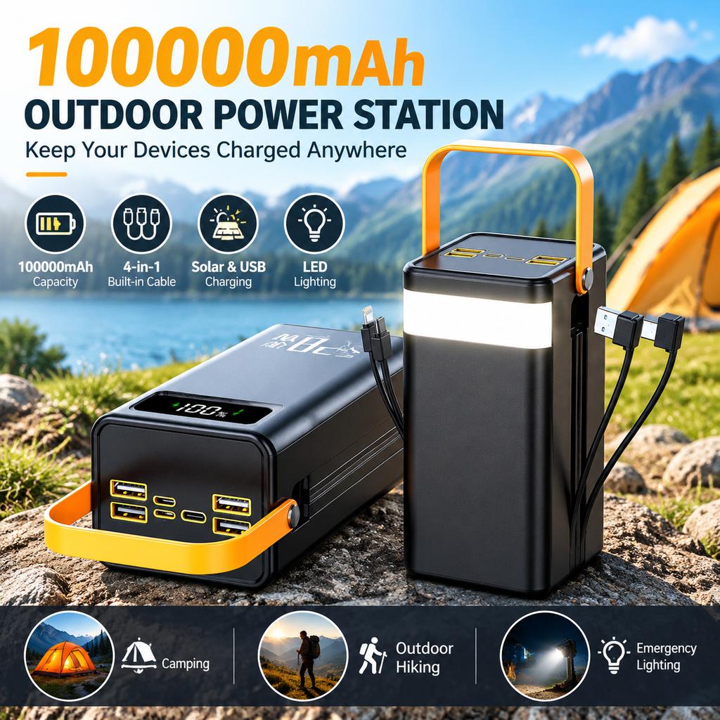 K85 Outdoor Power Station 100000mAh Solar Charger with Built-in 4-in-1 Cable
