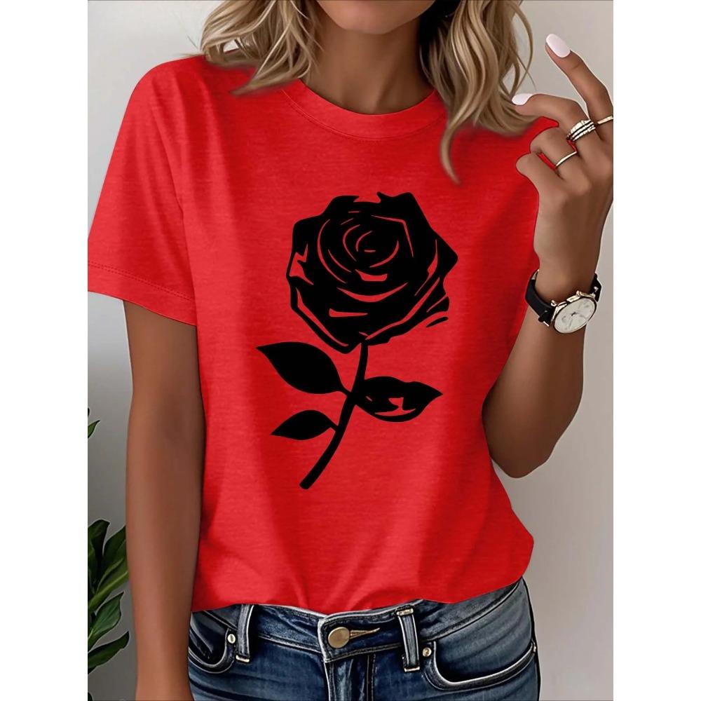 New Women's T-shirt Black Rose Graphic Printed Casual Fashion Short Sleeve T-shirt Soft Comfortable Summer Women Clothing