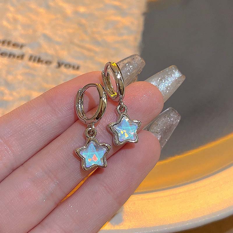 Kpop Y2K Pink Moonlight Stone Star Pendant Earrings For Women Egirl Fashion Sweet Crystal Star Ear Buckle Zircon Accessories
