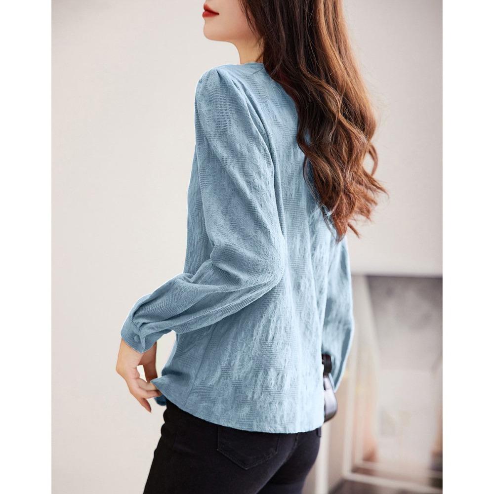 Elegante Blusa Primaverile Donna Retro Scollo a V Manica Lunga Legatura in Vita Rosso Cinese Camicia Sottile
