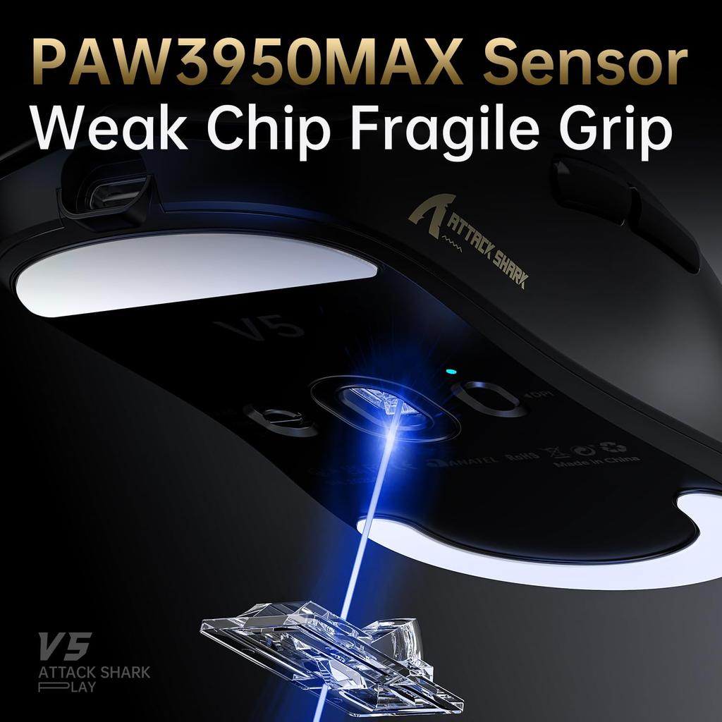 ATTACK SHARK V5 Gaming Mouse, Wireless, 8000Hz Polling Rate, Ultra-Lightweight, Tri-Mode, PAW3950MAX Sensor, 42000 DPI, Large Mouse, Symmetrical