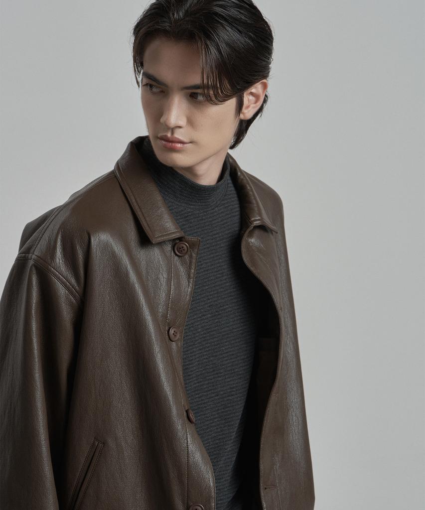 WORK ON BODY OFF Epure Regular Fit Button Leather Jacket [Brown]