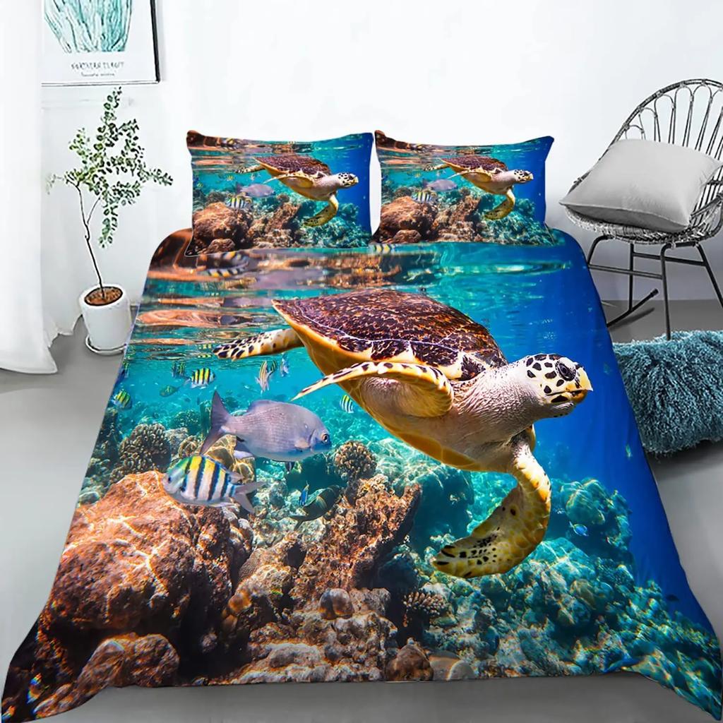 2/3pcs Fish Duvet Cover Set Ocean Bedding Sets 3D Printed Underwater World With Shark Dolphin Coral Reef Pattern Quilt Cover Set
