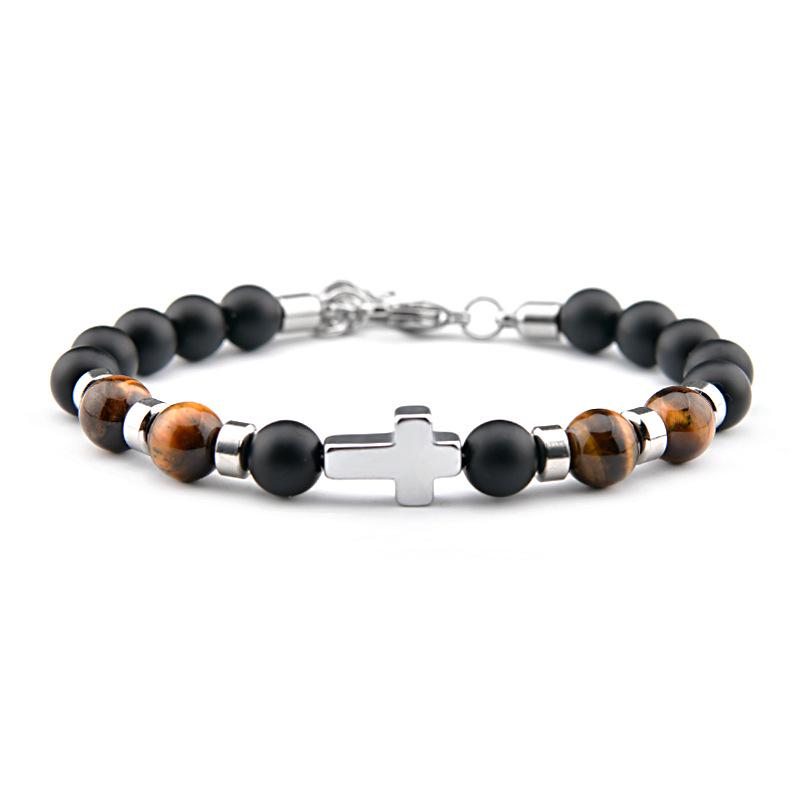 Men s Stainless Steel 8mm Bracelet with Frosted Tiger Eye & Black Agate Cross - Adjustable
