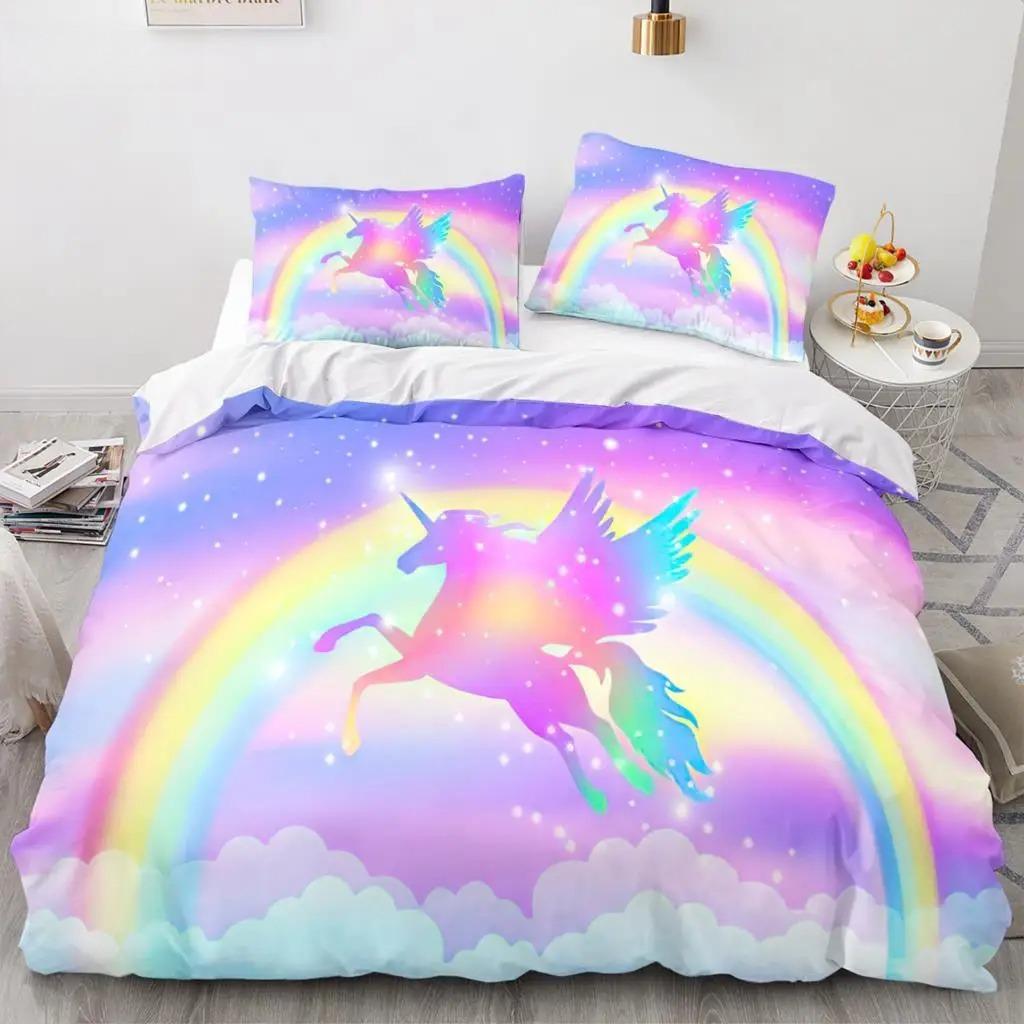 Cartoon Rainbow Unicorn Bedding Set Unicorn Sets Single Double Queen Twin Full Size Duvet Cover Girls Soft Duvet Cover