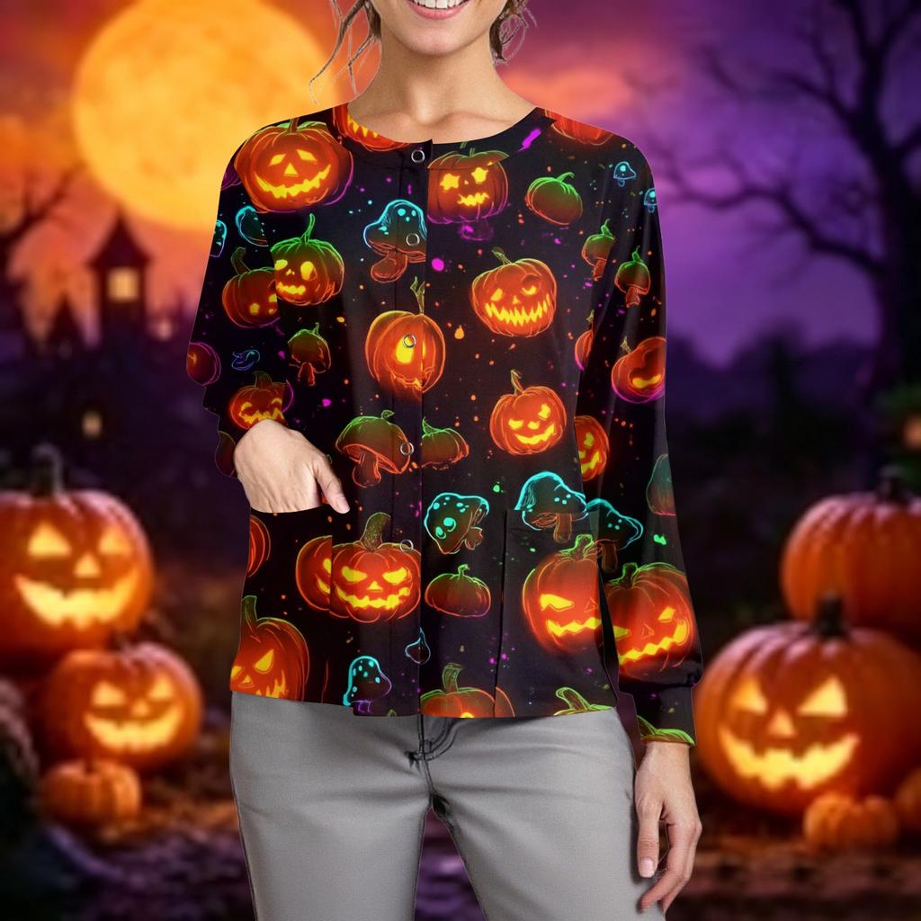 Women Casual Long Sleeve Button Up Cardigan Halloween Print Nurse Scrub Top Lightweight Comfortable Fit