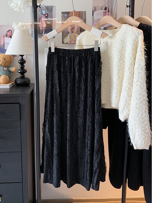 Women's High Waist Lace Patchwork Velvet A-line Skirt - Soft, Comfortable for Spring/Autumn 2025.