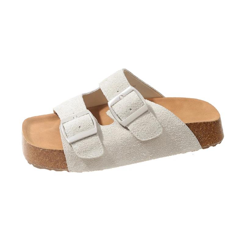 

Fashion Slippers Woman Summer Leather Outdoor Beach Fashion Buckle Casual 2024 News Brand Slippers Open Toe Slingback Sandals Vacation B 35 бежевый