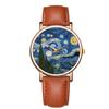 Creative Painting Design Women's Watches Simple Three-pin Leather Strap The Starry Night Ladies Casual Watch Gift For Women Men
