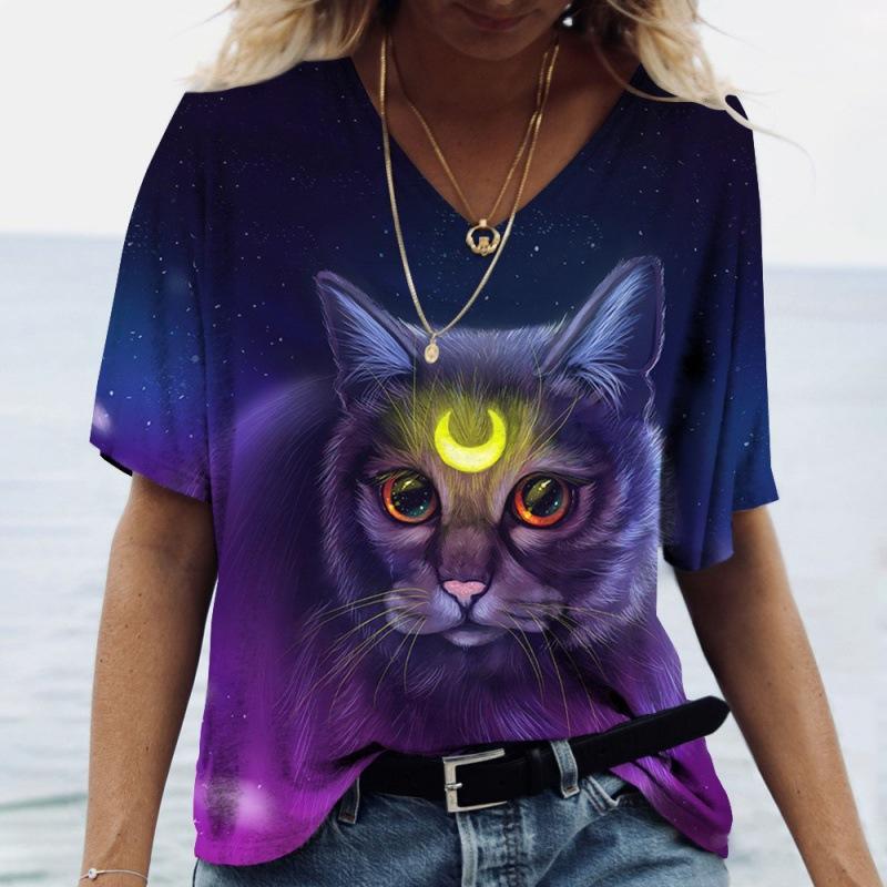 T-shirt d'été à manches courtes et col en V pour femme, imprimé chat 3D, décontracté et tendance