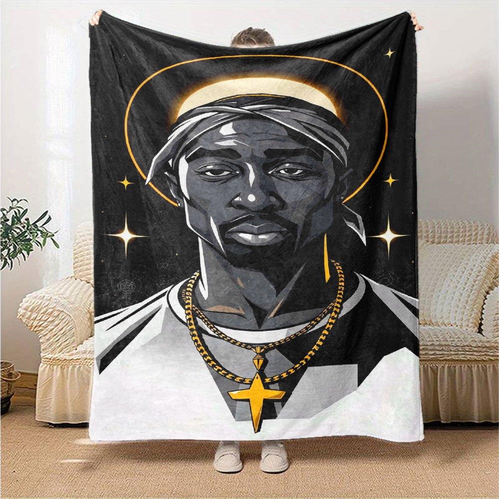 1pc 2PacHip Hop Blanket Soft Lightweight All Season Multi Purpose Throw for Sofa, Bed, Office & Picnics, French Style with Iconic Album Art & Quotes