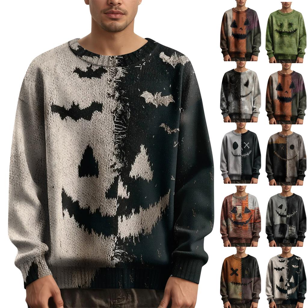 Men's Long Sleeve Pullover Sweater Casual Halloween Print Knit Oversized Sweater