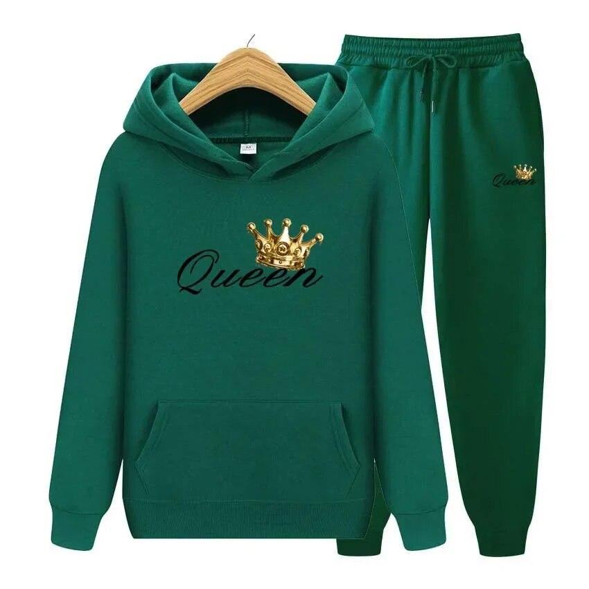 Queen Printing Autumn Winter Hoodies+Pants Two Piece Set  Womens Hoodies Tracksuits Jogger Pants thick Warm Clothes