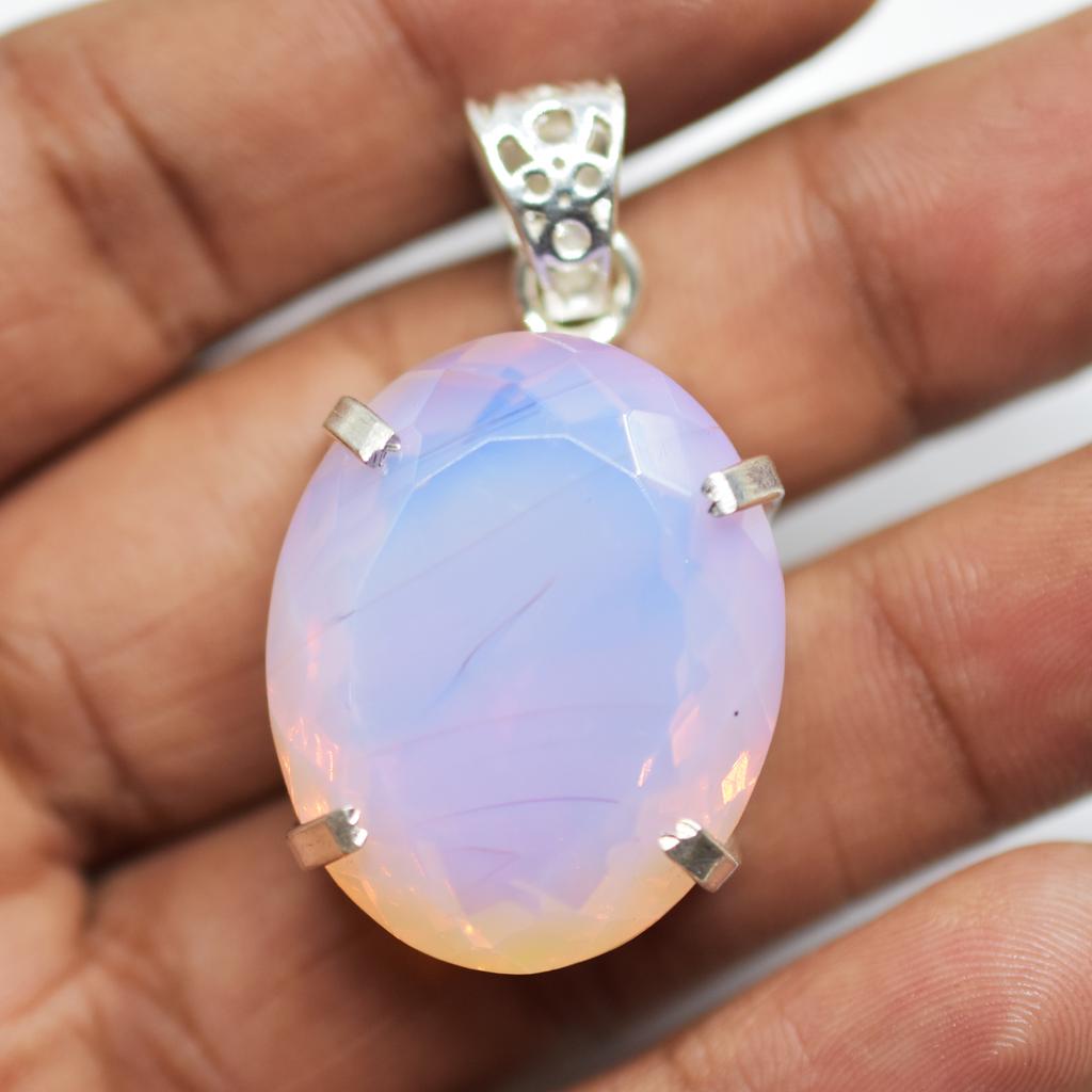 Natural Pink Opal Oval Cut 86.6 Ct Sterling Silver Pendant Certified For Her