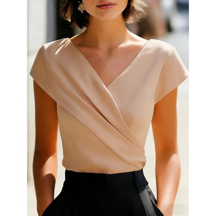 Women's V Neck Short Sleeve Blouse Pleated Detail Solid White Top