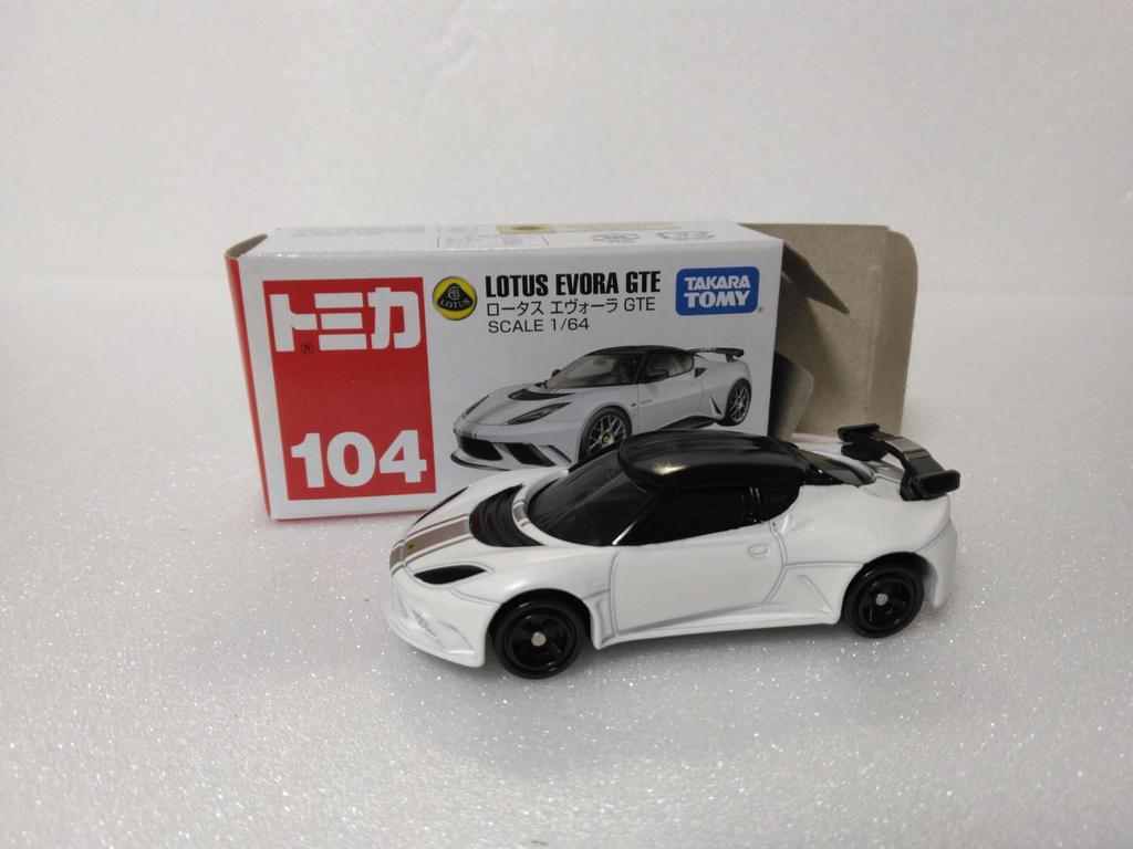 Tomica 104 Lotus Evora with clear case No. GTE, 1/64 scale, white,