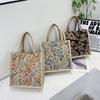 Ins Style Fashion Flower Tote Bag Large Capacity Linen Shopping Bag Gift Bag Commuter Handbag To Work