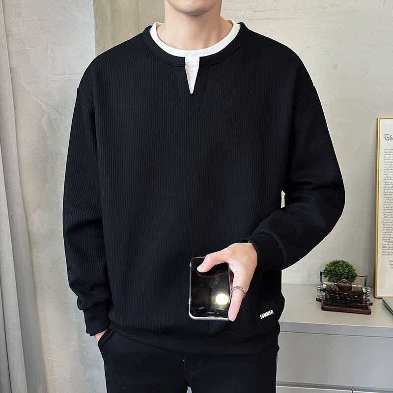 Men's Casual Fake Two-Piece Hoodie with Vertical Stripes - Autumn/Winter Loose Fit