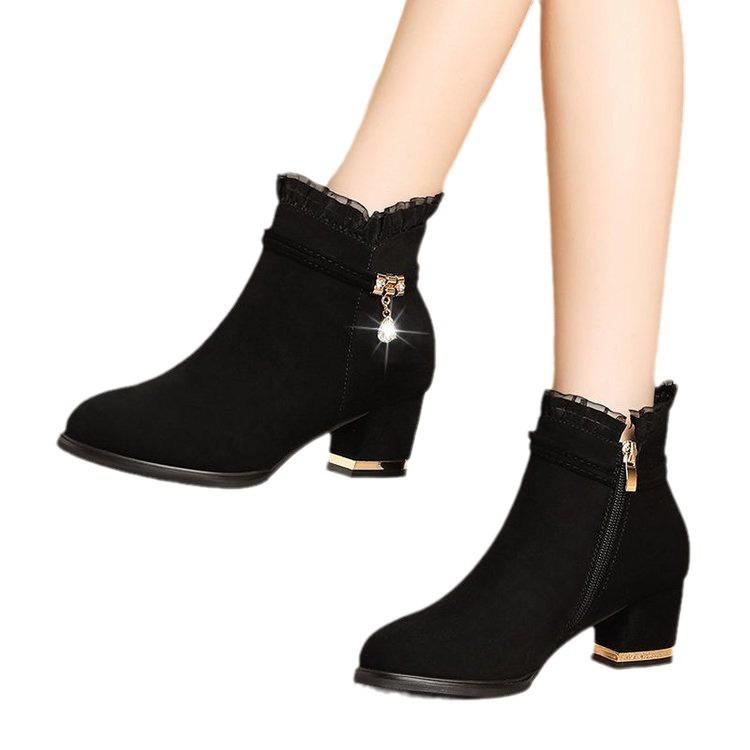 Fashion Winter Boots for Women,Chunky Heel with Rhinestone Lace Details,Plush Lined Chic Booties