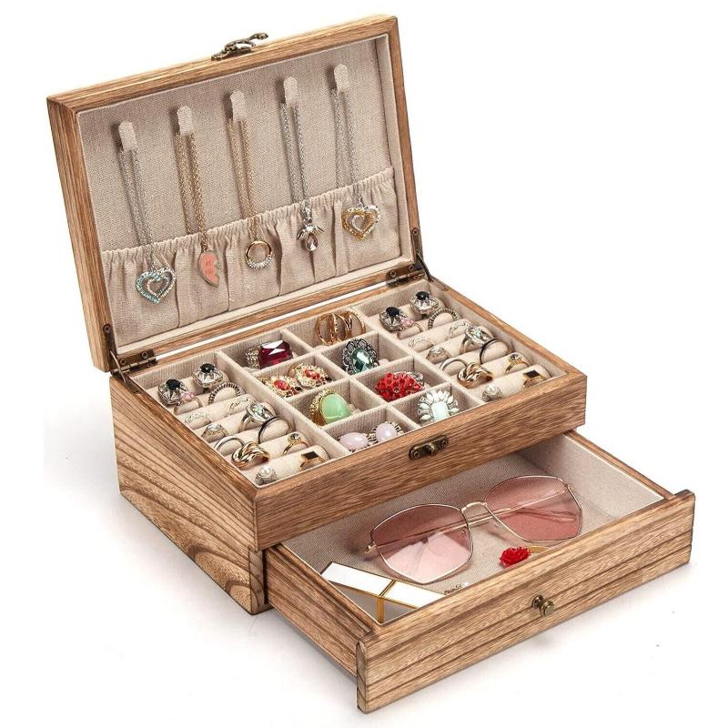 Vintage Jewelry Box Solid Wood Containers Two Layers Necklace Earrings Display Boxes with Mirror Jewelry Accessories