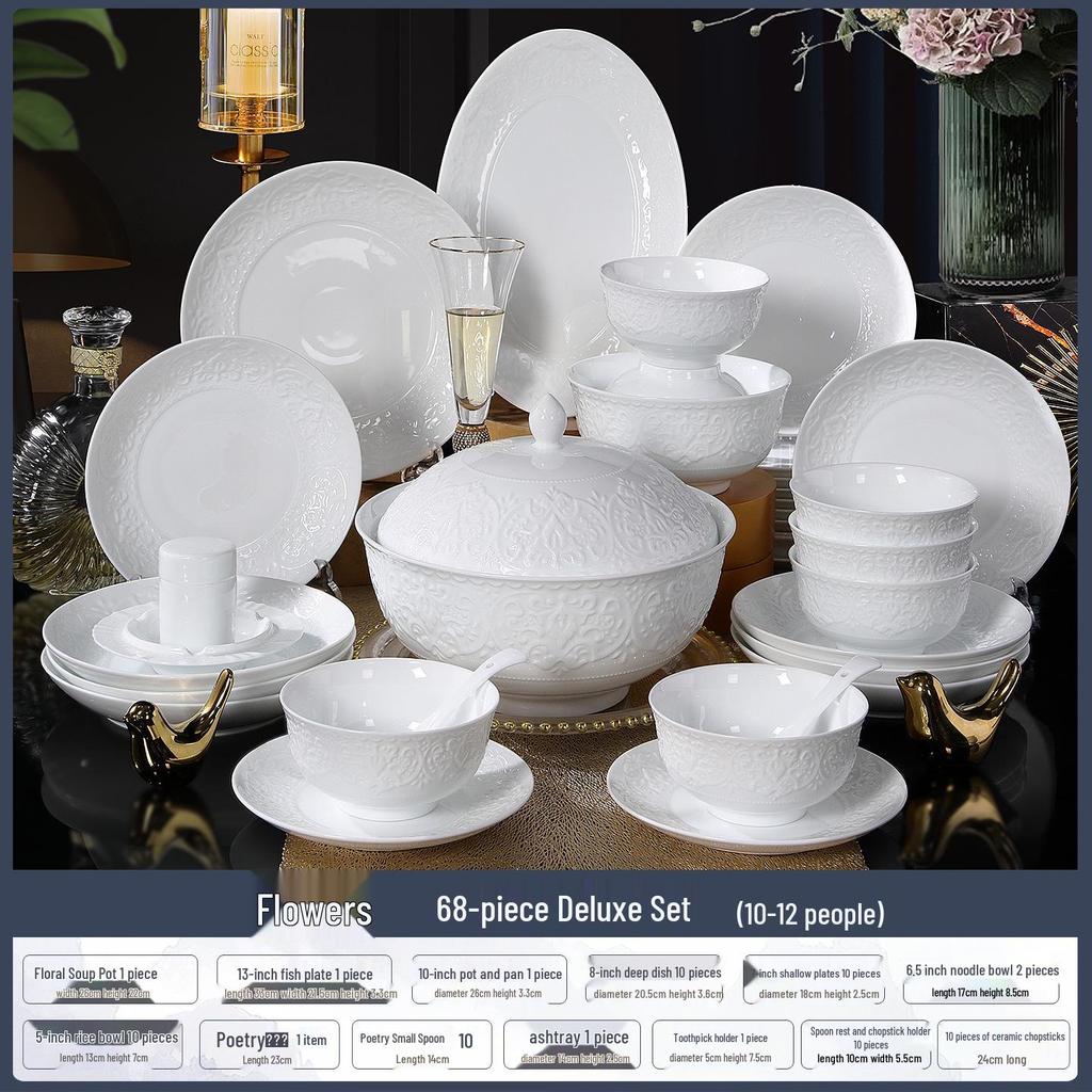 High-End Light Luxury Relief Porcelain Dinnerware Set - Simple White Design