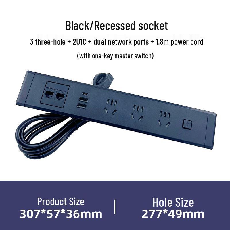 Desktop Recessed Socket with USB and Network Ports, Power Strip, and Switch for Office Desks