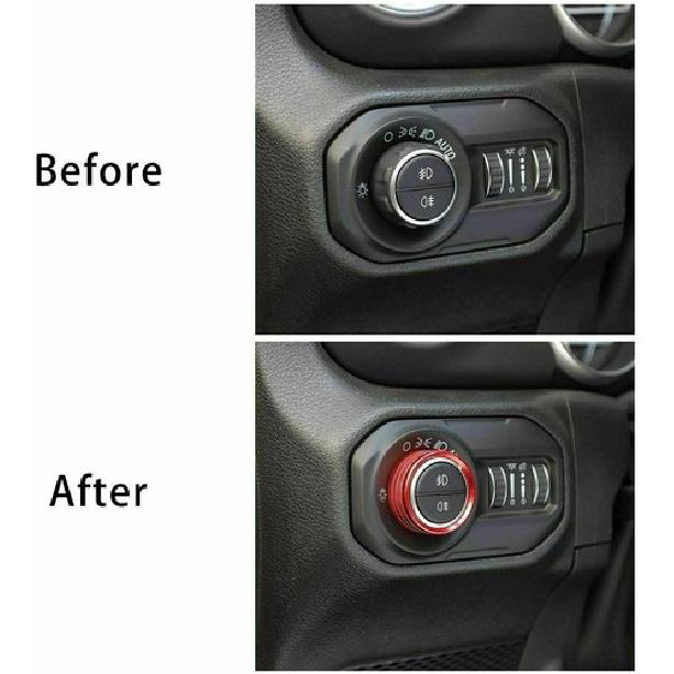 4x Klimaanlagen-/Scheinwerferschalter-Knopf-Zierring für Jeep Wrangler JL 2018+Rot