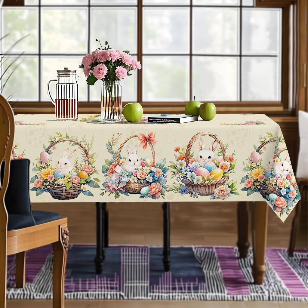 Easter Bunny Eggs Polyester Tablecloth for Table Decor Spring Watercolor Floral Plants Butterfly Table Cloth Easter Decorations