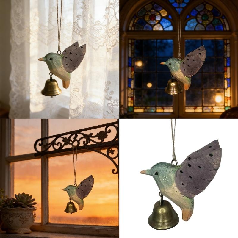 Hand Carved Wooden Hummingbird Figurines Hanging Ornament for Car Office Home Decors Wood Hummingbird Wind Chimes