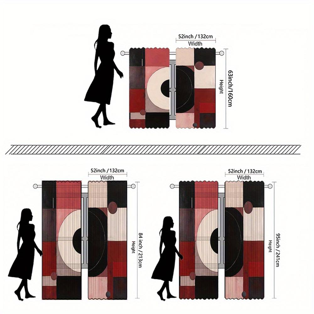 Set Of 2 Abstract Geometric Print Curtains Red Black White Color Block Design Semi Transparent Polyester Fabric Curtain Made With Rod Pocket