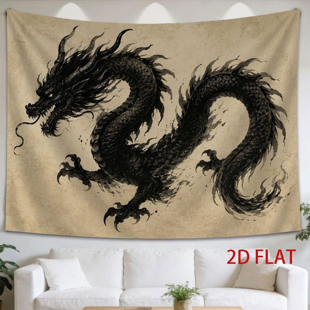 1pc Tapestry Eastern Dragon Soaring with Majestic Power, Traditional Inkstyle Artwork on Aged Parchment Background.