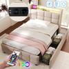 Polsterbett 90x200 cm LED-Beleuchtung, USB-Lade, Einzelbett Bettgestell, Lattenrost, Stauraum, 2 Schubladen, Leinen, Beige