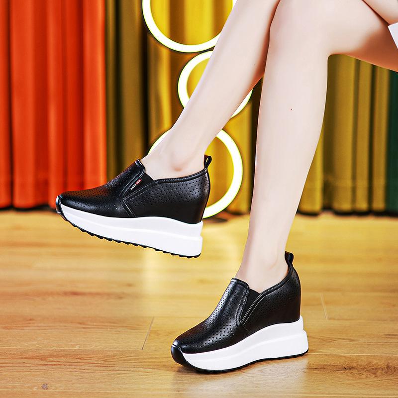 Fashion Spring Summer Genuine Leather Shoes Women Fashion Sneakers Ladies Flat Platform Height Increasing 10cm Black White Shoes D401