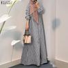 ZANZEA Women Casual Round Neck Long Sleeve Loose Stripe Long Dress