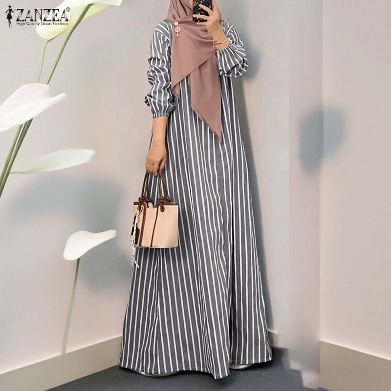 ZANZEA Women Casual Round Neck Long Sleeve Loose Stripe Long Dress