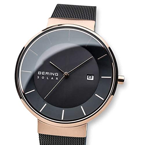 BERING Solar Watch for Men and Women (Unisex) Black and Rose Gold Stainless Steel with Mesh Strap and Sapphire Crystal (Product Number: 14639-166) Off