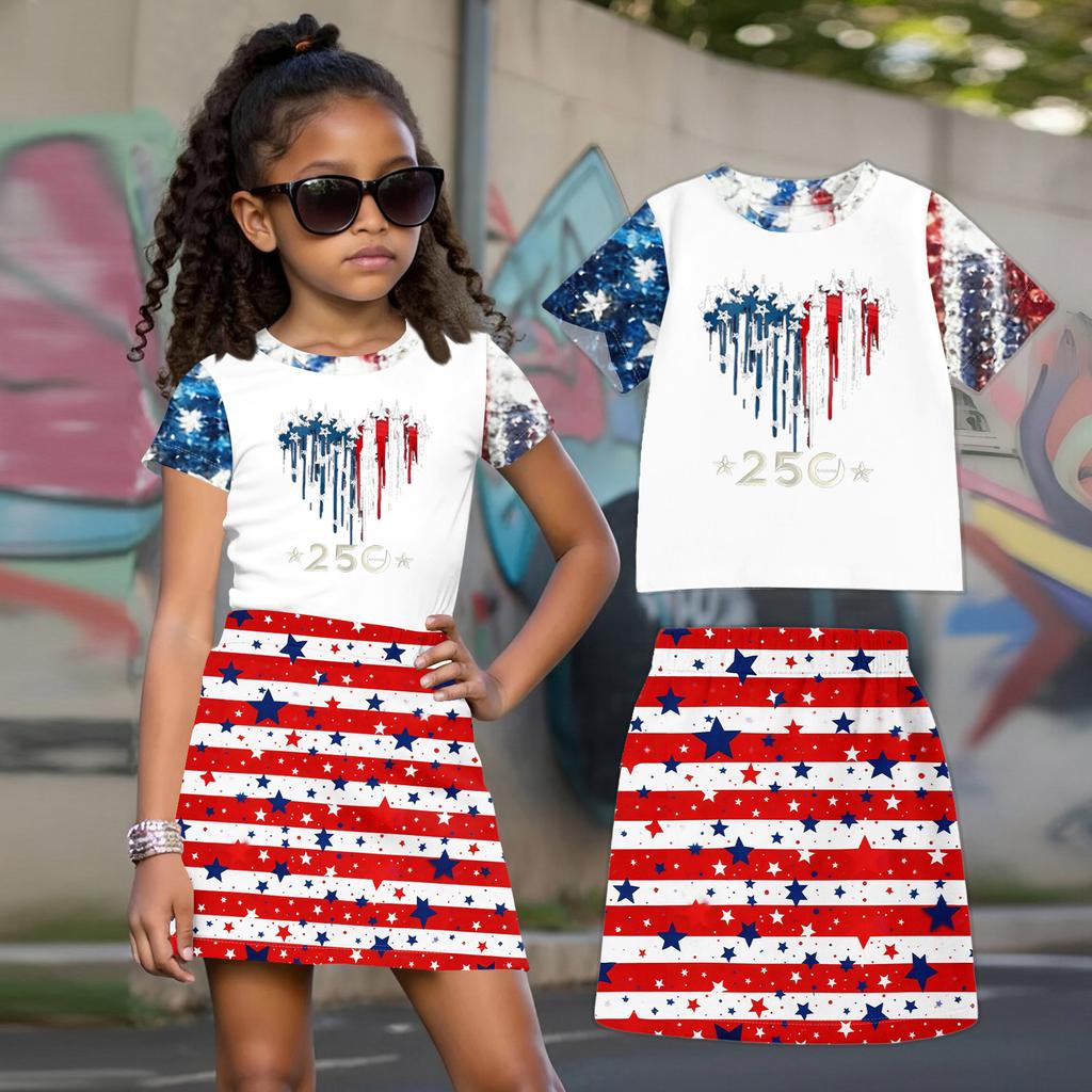 Completo due pezzi per bambina con top a maniche corte girocollo e gonna Set Abbigliamento casual estivo a vestibilità larga per bambini