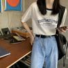 Contrast Color Round Neck Short Sleeve T-shirt for Women's Summer Letter Printing Loose Short Retro Student Top