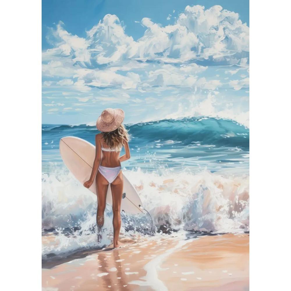 Wave Lighthouse Girl Surfing Canvas Painting Palm Tree Print Wall Art Picture Living Room Decor Sea Beach Poster Ocean Ship Boat