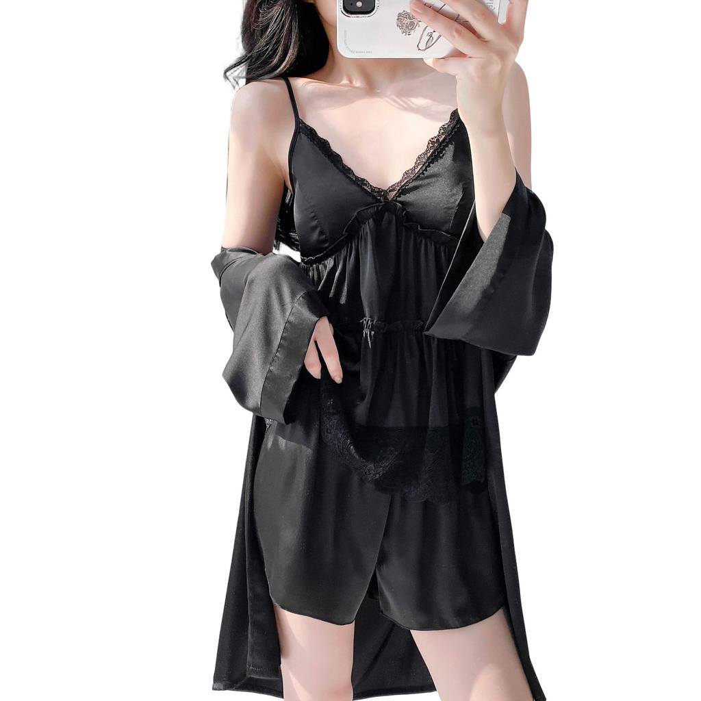 Summer Girl Pure Desire Suspender Shorts Loungewear Set Ice Silk Pajamas Women's Sexy Pajamas Three-piece Set