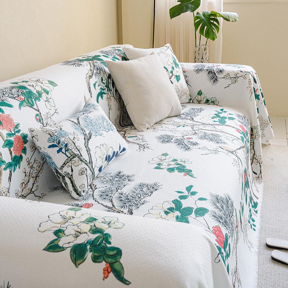 Ink Painting Sofa Cushion Towel Imitation Hemp Four Seasons Universal Modern Tassel Edge Flowers And Birds Sofa Full Cover Cloth