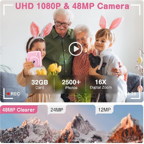 Kids Camera Instant Print, Dual-Lens 48MP Digital Camera for Christmas Birthday Gifts, 1080P Selfie Instant Cameras for Kids with 32GB Card, Instant