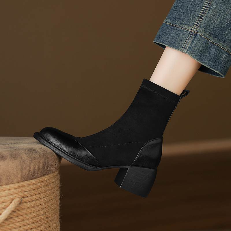 Krazing Po Microfiber Flock Winter Round Toe Size 33 Chelsea Boots Size 43 Zipper Thick High Heels Elastic Ankle Boots