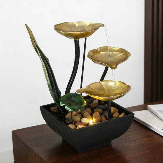Avslappnande bordsvattenfontän med stenar, 3-vånings lotusblad, liten vattenfallfontän med ljus för inomhus, Zen, hem, sovrum, skrivbordsdekor