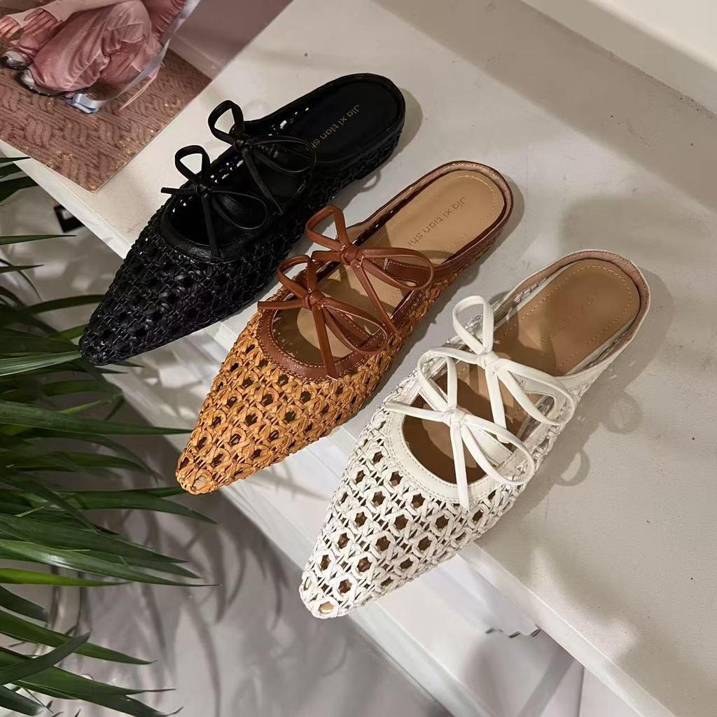 2025 new summer net shoes slippers women's fashion versatile bow hollow shallow mouth flat bottom bag head half slippers women