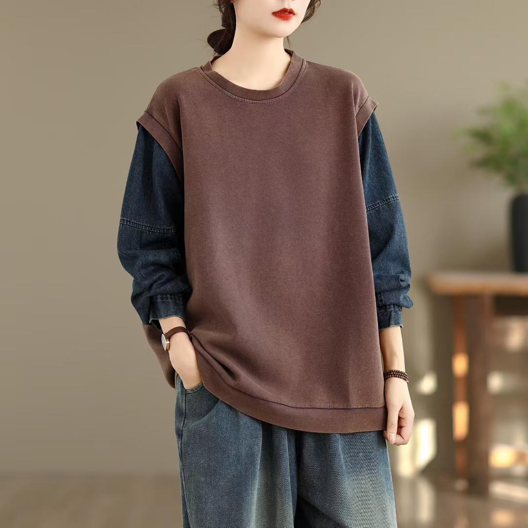 

Dimanaf Новый 2025 Женский Хлопок С Вставками Джинсовый Принт Длинный Рукав Осень Базовые Топы Футболка Новый Пуловер One Size