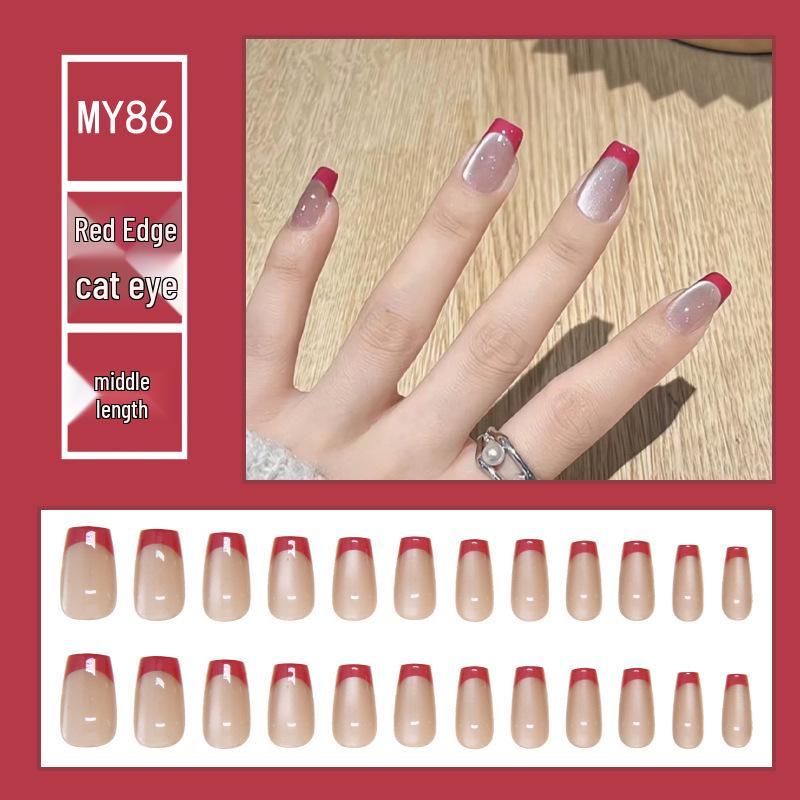 

Красный край Кошачий глаз Носимые Французские Ногти - Однотонный Глиттер, Средней Длины, Минималистичные, Патчи для Накладных Ногтей Одного Размера