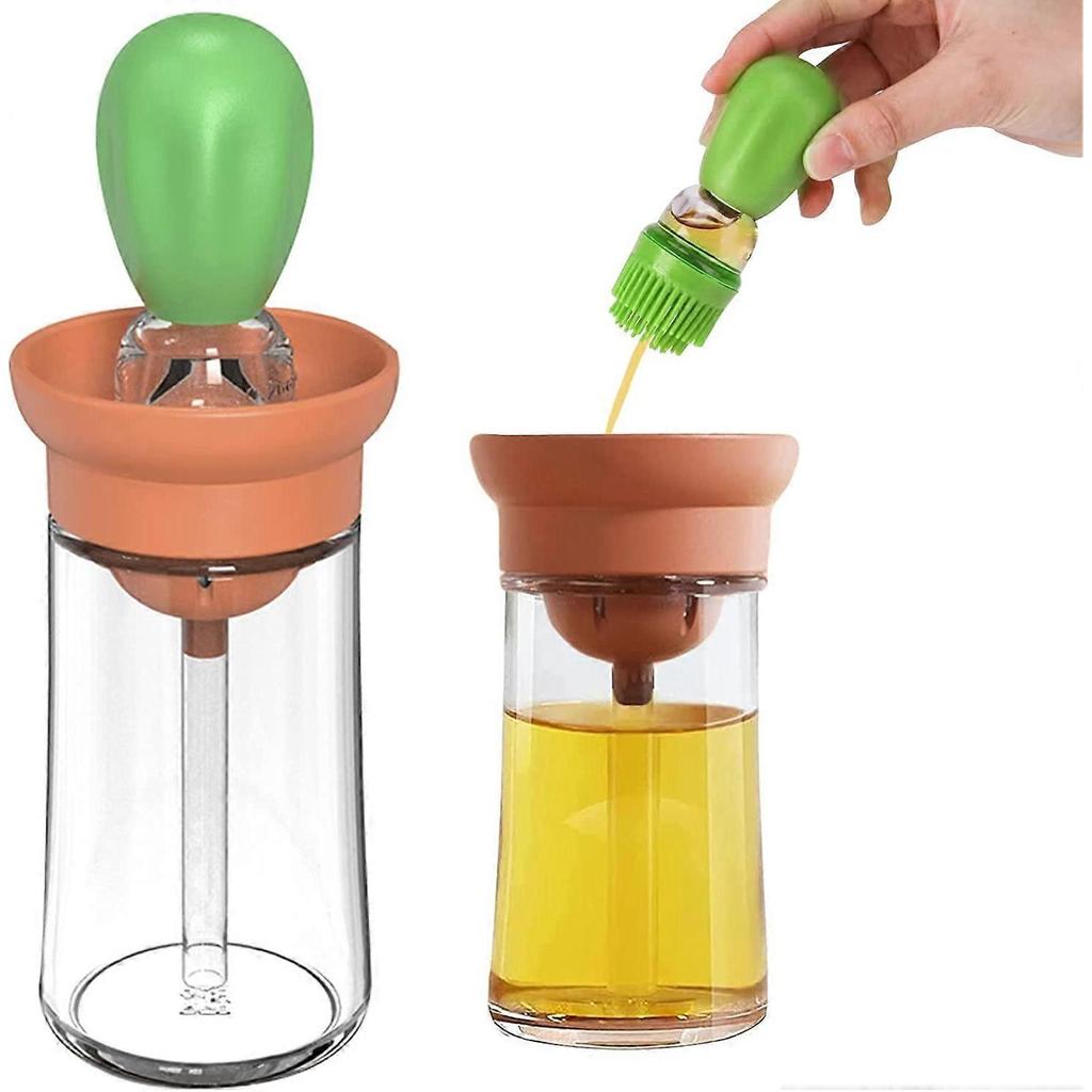 Cleaning Brush Green Oil Dispenser with Brush, 2 in 1 Glass Oil Bottle and Silicone Brush, Oil Dispenser Bottle, Pastry Brush for Basting Vinegar Oil
