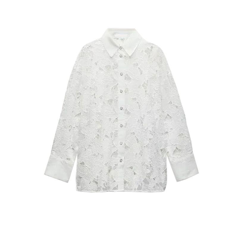 

Spring New Women s Clothing French Style Design Lapel Long Sleeves Cut Out Embroider Loose Shirt 8251221 White L