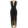 Women Elegant Summer Sleeveless Sexy Deep V-Neck Ruched Slit Maxi Dress
